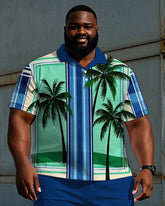 Men's Big and Tall Hawaiian Coconut Tree Stripe Printed Short Sleeve Polo Shirt Shorts Set